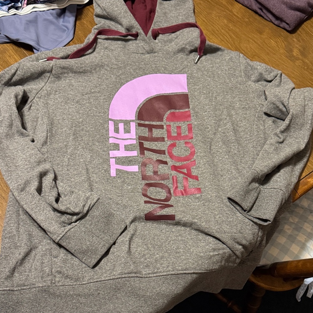 The North Face Gray Hoodie with Purple and Pink Accents